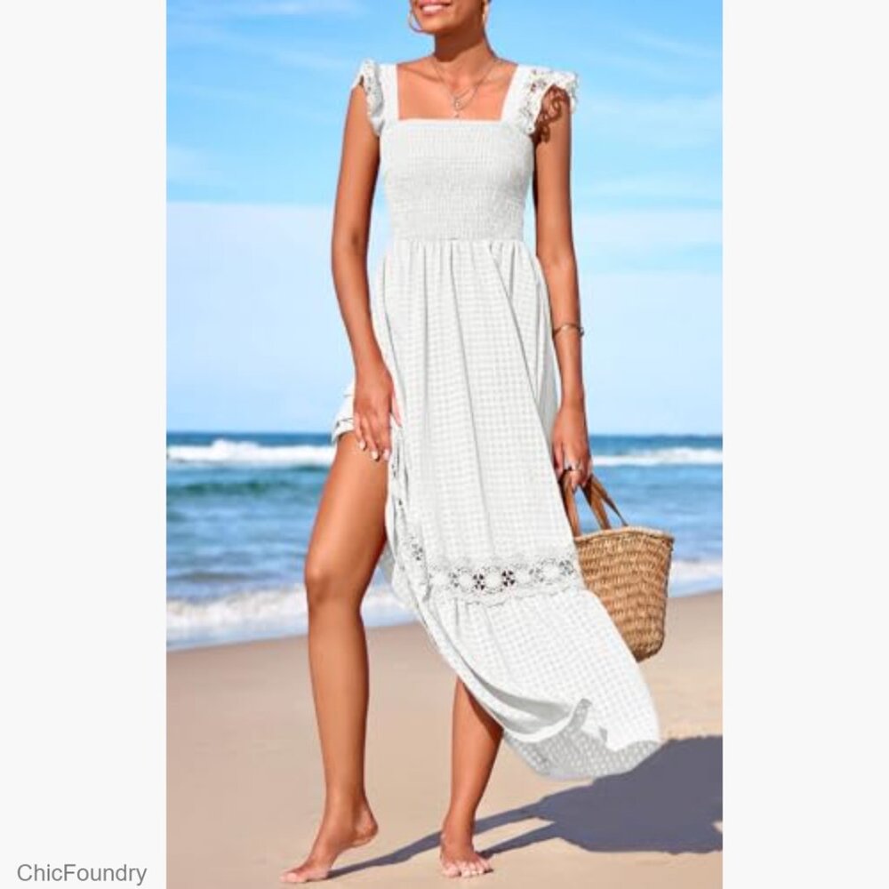 Smocked Maxi Dress with Ruffle Cap Sleeves, Lace Detail, and Pockets - Picture 4 of 7